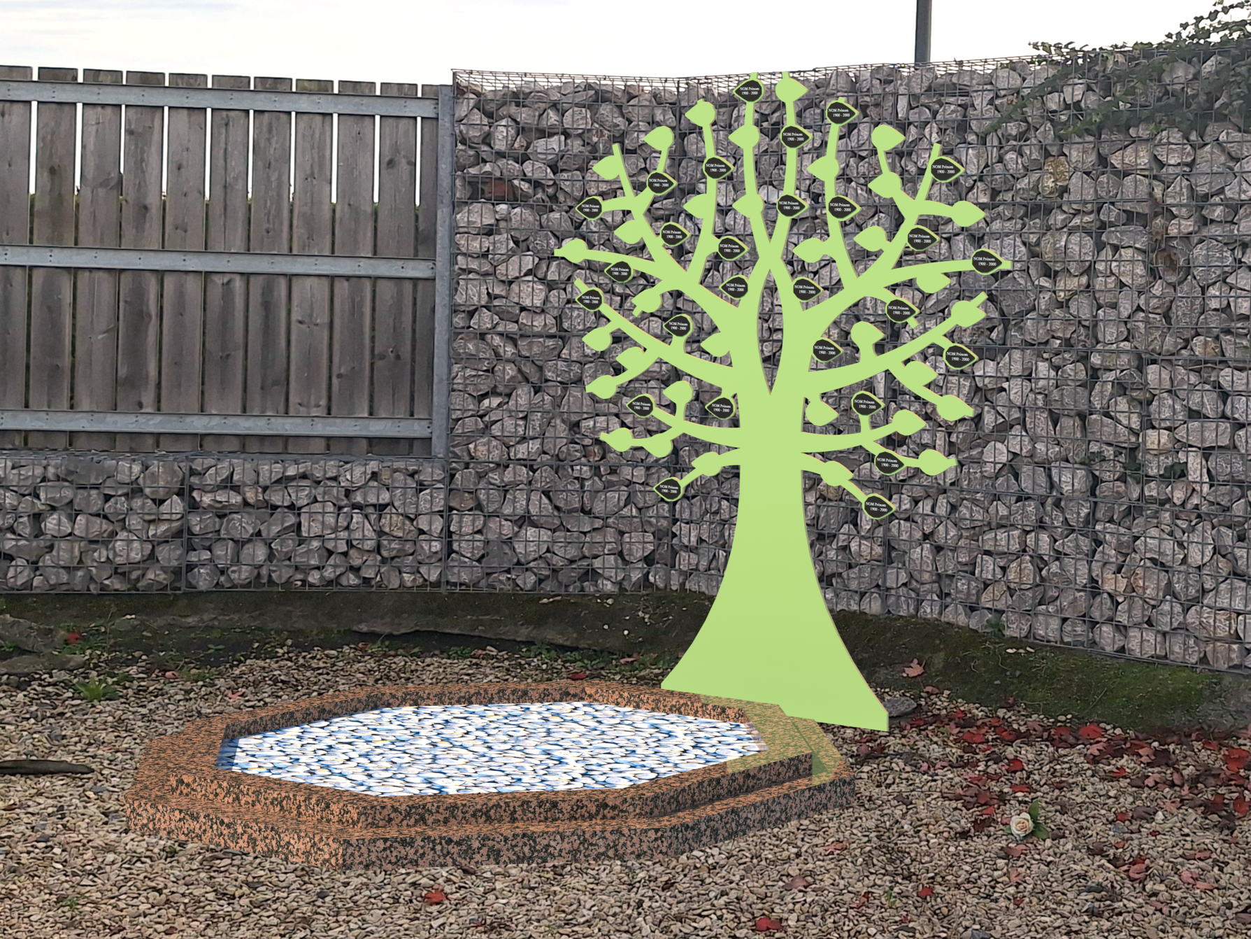 Arbre de mémoire coloris vert en acier thermolaqué avec jardin du souvenir